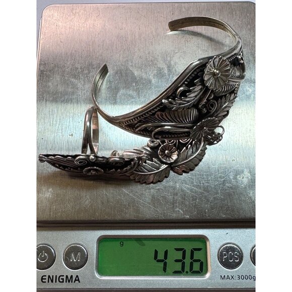 Estate Sterling Silver 925 Floral Leaf Slave Bracelet & Ring Set 43.6g Size 8.5 - Picture 8 of 8